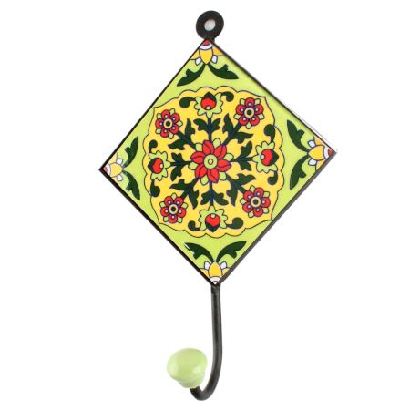 Pea Green With Red Tiny Flower Ceramic Tile Hook